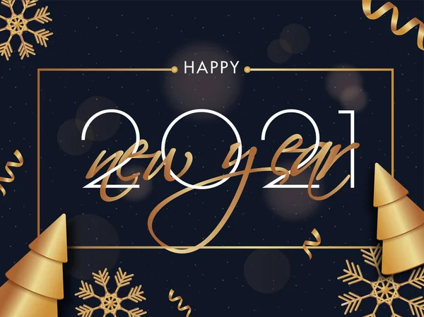 2021 Feliz Ano Novo Texto Com Árvores Natal Douradas Flocos — Vetor de Stock