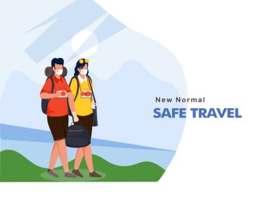 Çizgi film Turist ve Kadın Yeni Normal Seyahat İçin Mavi ve Beyaz Arkaplanda Koruyucu Maske Giyiyor.