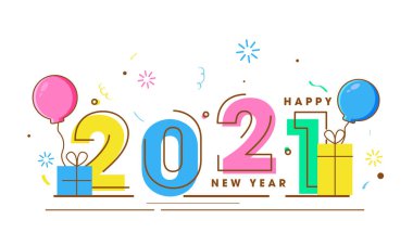 Renkli 2021 Mutlu Yeni Yıl Metinleri Hediye kutuları ve balonları beyaz arka planda.