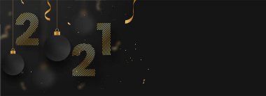 Altın Strip Şablonu 2021 Kara Arkaplanda Konfeti ve Asılan Palavralar.