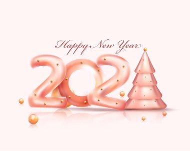 3D Parlak 2021 Xmas Ağacı ve Altın Toplar ya da Mutlu Yıllar İçin Beyaz Arkaplanda İnciler.