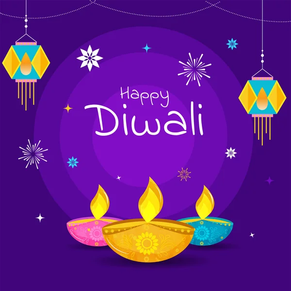 Happy Diwali Celebration Koncept Osvětlenými Olejovými Lampami Diya Zavěšení Kandeel — Stockový vektor