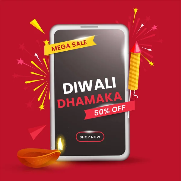 Diwali Dhamaka Mega Sale Σχεδιασμός Αφίσας Έκπτωση Πυραύλων Πυροτεχνήματα Φωτιστικό — Διανυσματικό Αρχείο