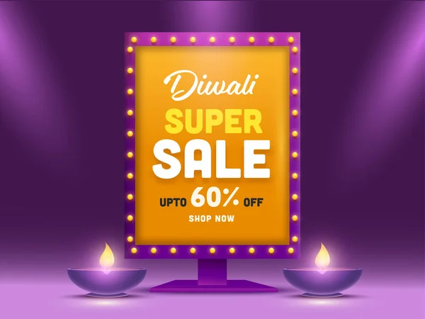 Diwali Super Sale Billboard Stand Έκπτωση Προσφορά Και Lit Λάμπες — Διανυσματικό Αρχείο