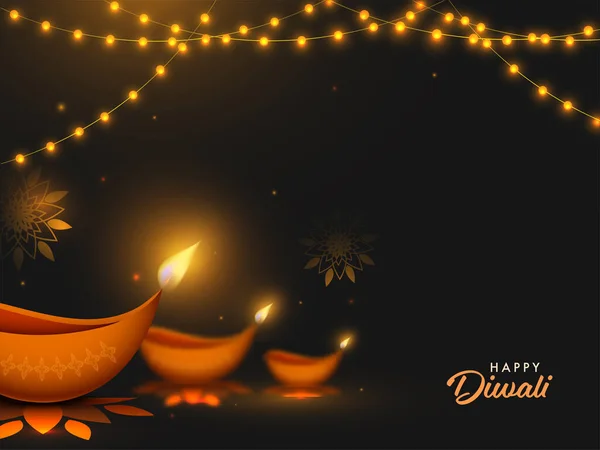 Texto Diwali Feliz Con Lámparas Aceite Iluminadas Diya Guirnalda Iluminación — Vector de stock