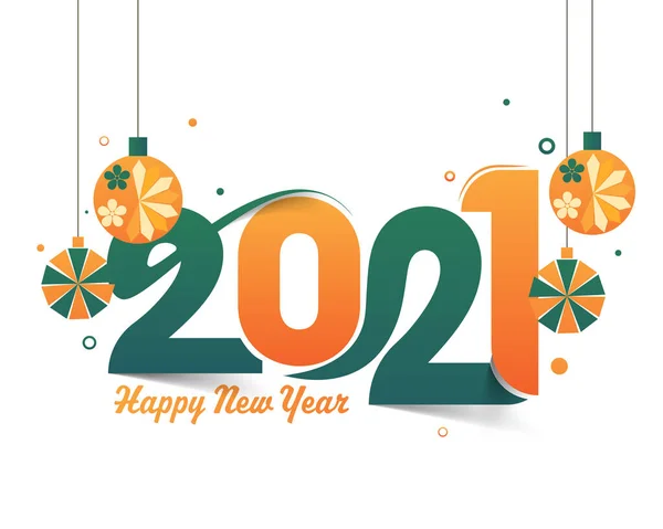 2021 Happy New Year Text Hanging Baubles White Background — Stock Vector