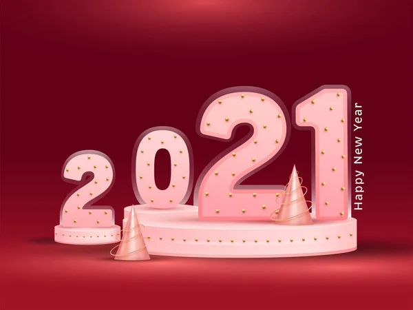 2021 진주와 Xmas Tree Cones Red Background Happy New Year — 스톡 벡터