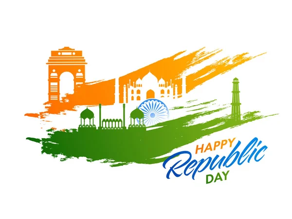 快乐共和日字体与印度名胜古迹 Ashoka Wheel Green和Saffron Brush Stroke的白色背景 — 图库矢量图片