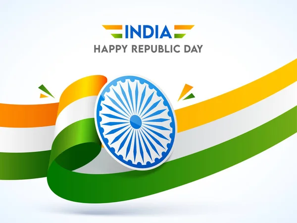 インドHappy Republic Dayポスターデザインアショカホイール ウェーブトリコロールリボンホワイト — ストックベクタ