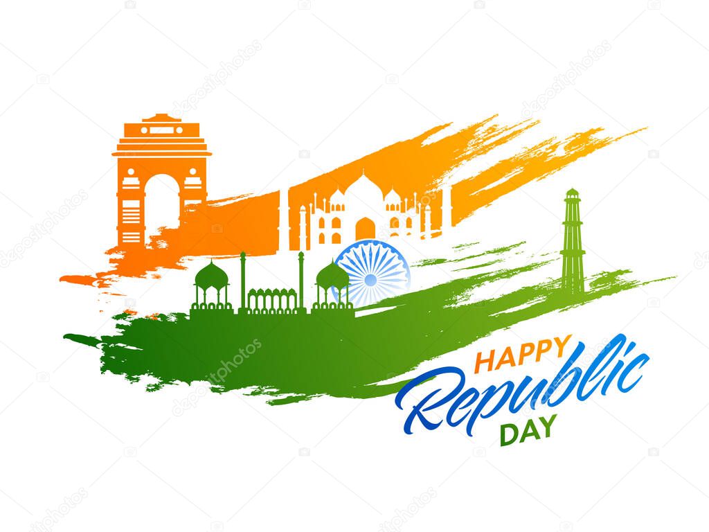 Happy Republic Day Font With India Famous Monument, Ashoka Wheel, Green And Saffron Brush Stroke On White Background.