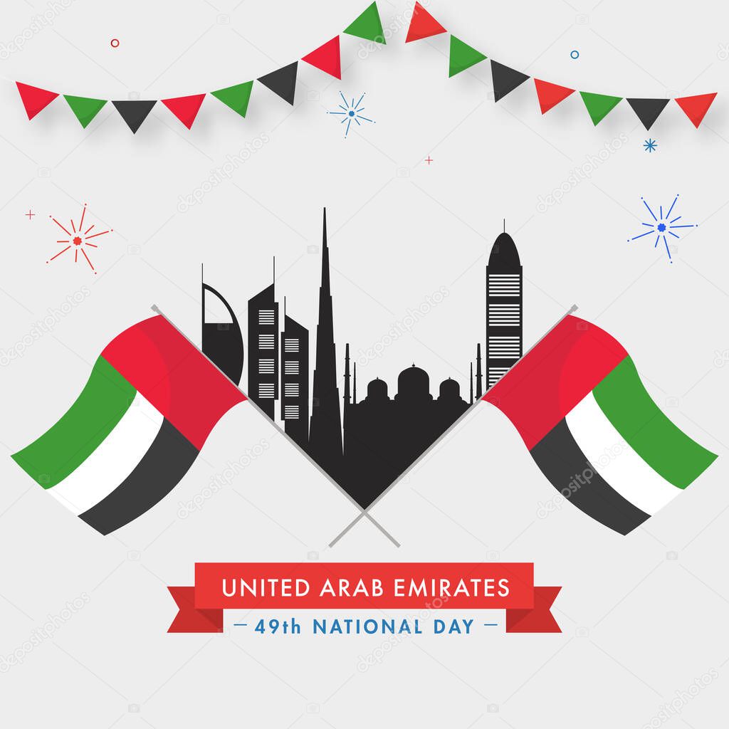 49th National Day Poster Design With UAE Flags, Silhouette Monuments And Bunting Flags On White Background.