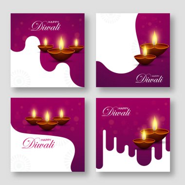 Dark Magenta ve Beyaz Arkaplan Üzerine Aydınlatılmış Yağ Lambaları (Diya) ile Dört Seçenek İçinde Mutlu Diwali Posteri Tasarımı.