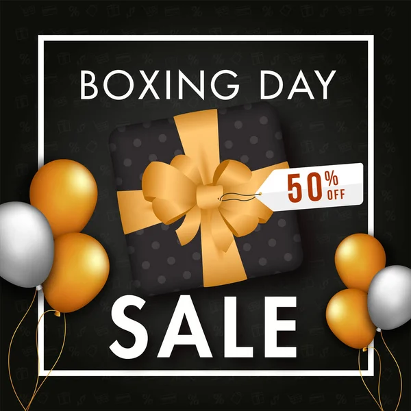 Boxing Day Eladó Plakáttervezés Tag Felülnézet Ajándékdoboz Léggömbök Fekete Háttér — Stock Vector