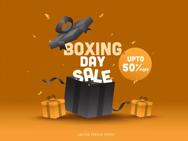 Překvapení Dárkový Box Boxing Day Sale Sleva Nabídka Okrové Pozadí — Stockový vektor