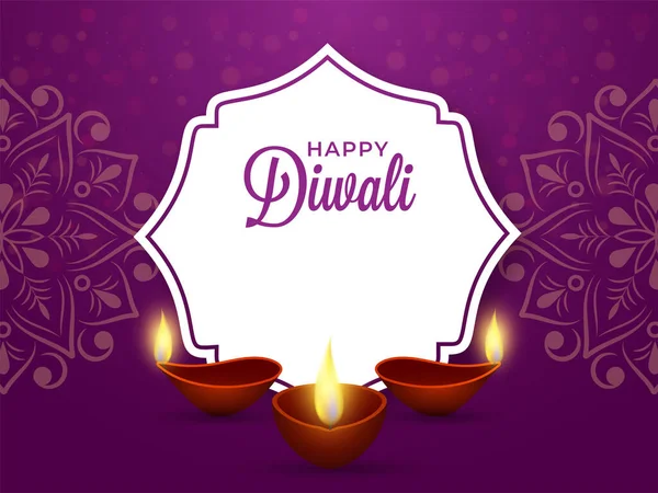 Glückliche Diwali Schrift Mit Beleuchteten Öllampen Diya Auf Lila Mandala — Stockvektor