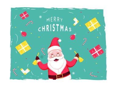 Mutlu Noeller için yeşil ve beyaz arka planda süslenmiş Noel Baba hediye kutularıyla, baston şekerlerle, çoraplarla çan çalıyor..