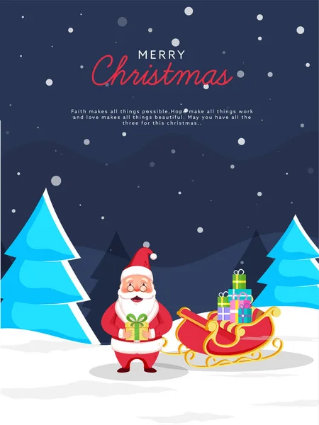 ギフトボックスと青い雪の上のクリスマスツリーの完全なそりと漫画サンタクロースのキャラクターメリークリスマスのための背景 — ストックベクタ