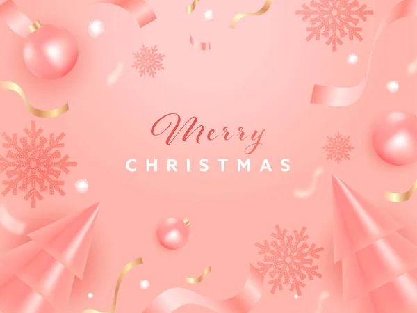 バブル 雪の結晶とConfettiリボンが輝くピンクの背景に飾られた3Dクリスマスツリーメリークリスマスのために — ストックベクタ