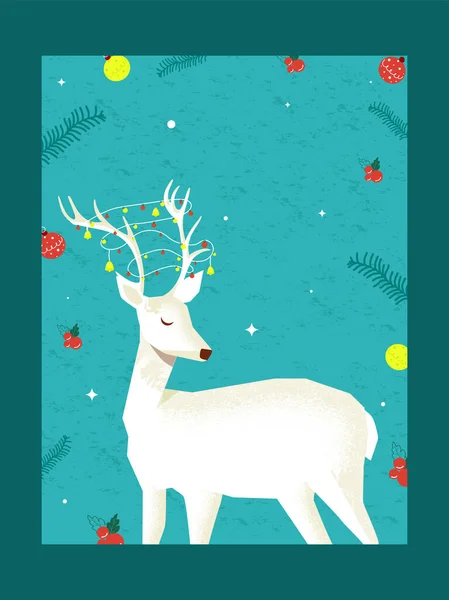 White Reindeer Character Baubles Holly Berries Fir Leaves Decorated Turquoise — Stock Vector