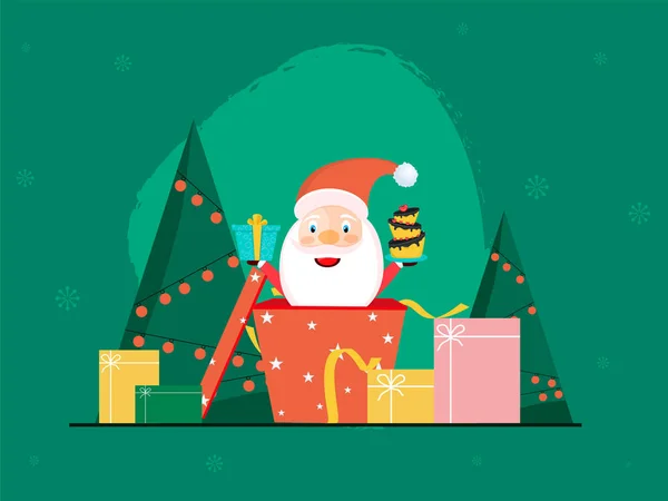 緑の背景にギフトボックスとクリスマスツリー内のケーキを提示漫画サンタクロース — ストックベクタ