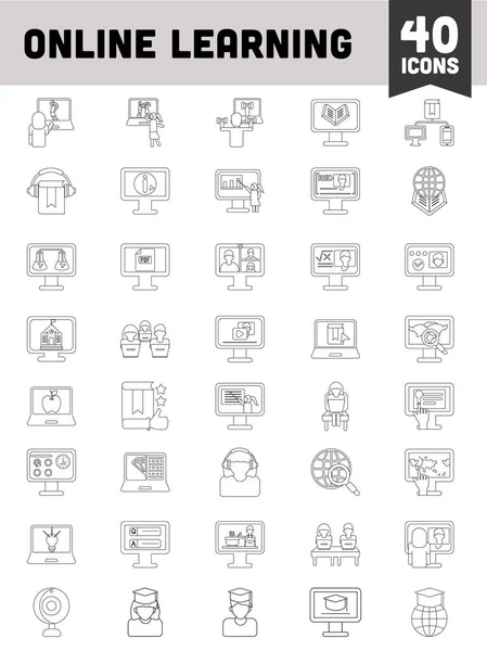 Online Learning Icon Set Black Line Art — 스톡 벡터