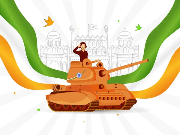 Saludo Oficial Del Ejército Tanque Militar Con Ondulada Bandera India — Vector de stock