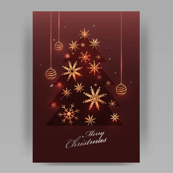 Golden Snowflakes Met Opknoping Baubles Versierd Etruskisch Rood Papier Gesneden — Stockvector