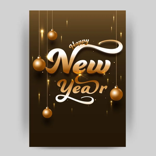 Happy New Year Font Hanging Realistic Baubles Lights Effect Dark — Stock Vector