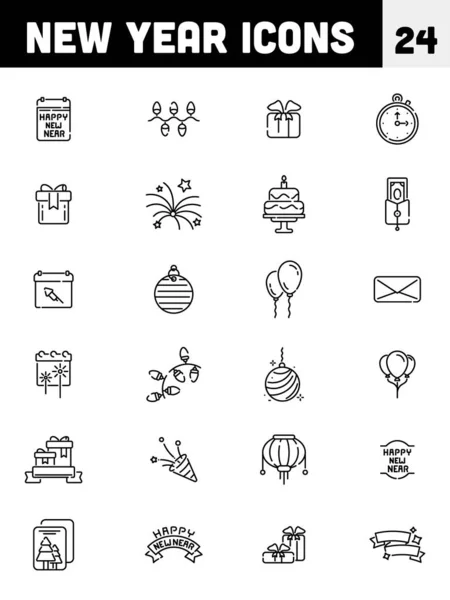 Schwarze Linie Kunst Von New Year Icon Set — Stockvektor