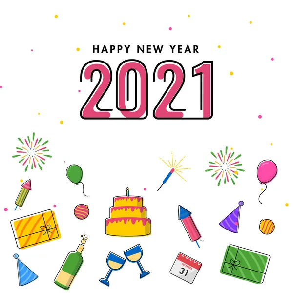 2021 Gelukkig Nieuwjaar Feest Affiche Ontwerp Met Kleurrijke Partij Pictogrammen — Stockvector