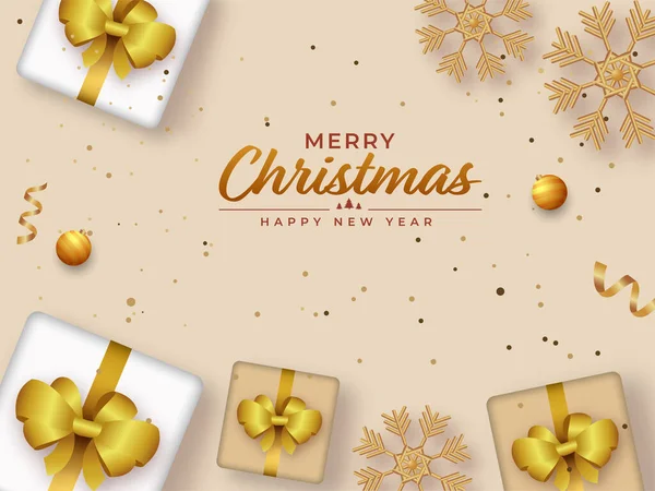 Merry Christmas Happy New Year Text Top View Realistic Gift — Stock Vector