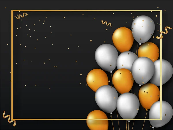 带有黑色背景装饰的彩带的金色和银色现实主义气球 — 图库矢量图片