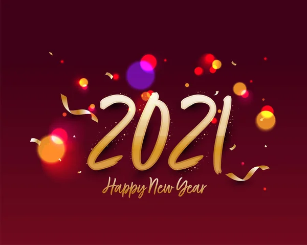 Golden 2021 Bonne Année Texte Avec Ruban Confetti Effet Bokeh — Image vectorielle