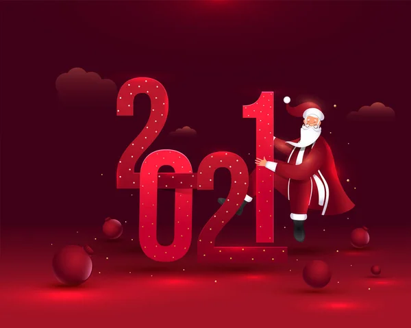 メリークリスマス 新年のためのグラデーションレッドの背景に漫画サンタクロースと3Dバブルで2021番号 — ストックベクタ
