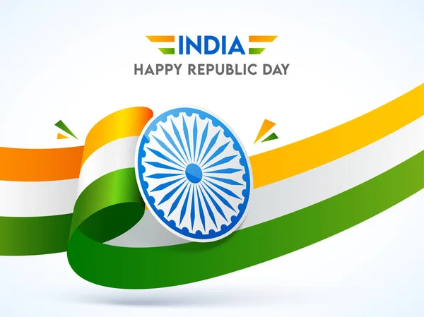 India Happy Republic Day Poster Design Wavy Tricolor Ribbon Ashoka — 스톡 벡터