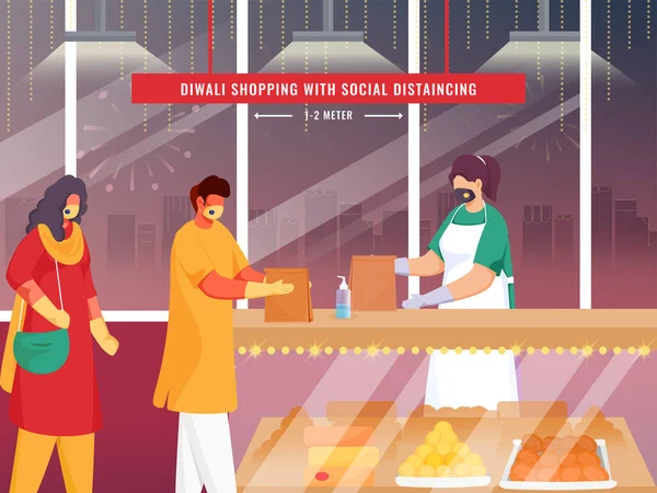 Ινδοί Καταναλωτές Που Φροντίζουν Για Μέτρα Ασφαλείας Concept Για Ψώνια — Διανυσματικό Αρχείο