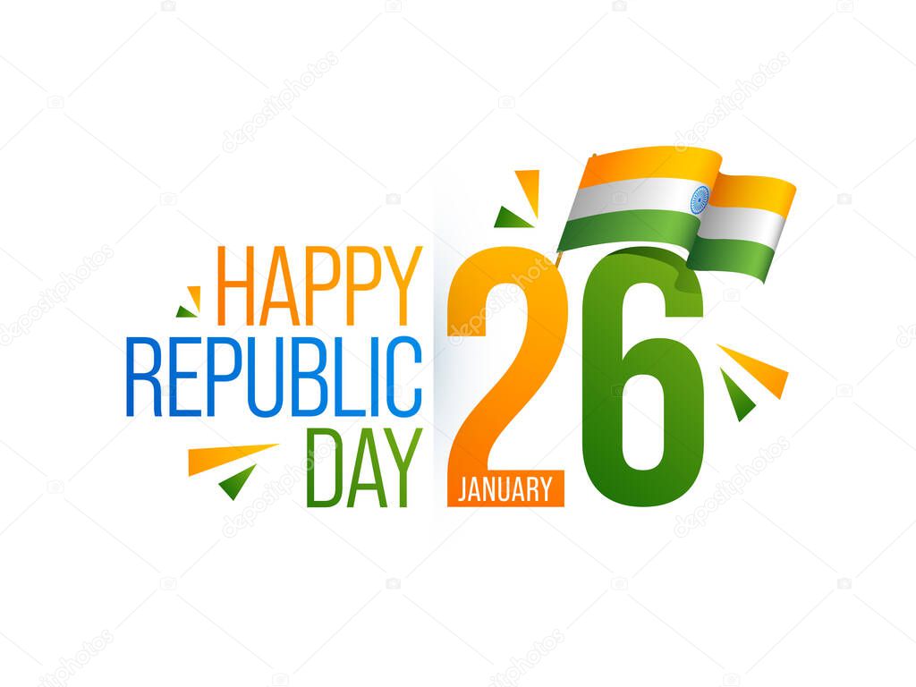 26th January Happy Republic Day Text With Wavy Indian Flag On White Background.
