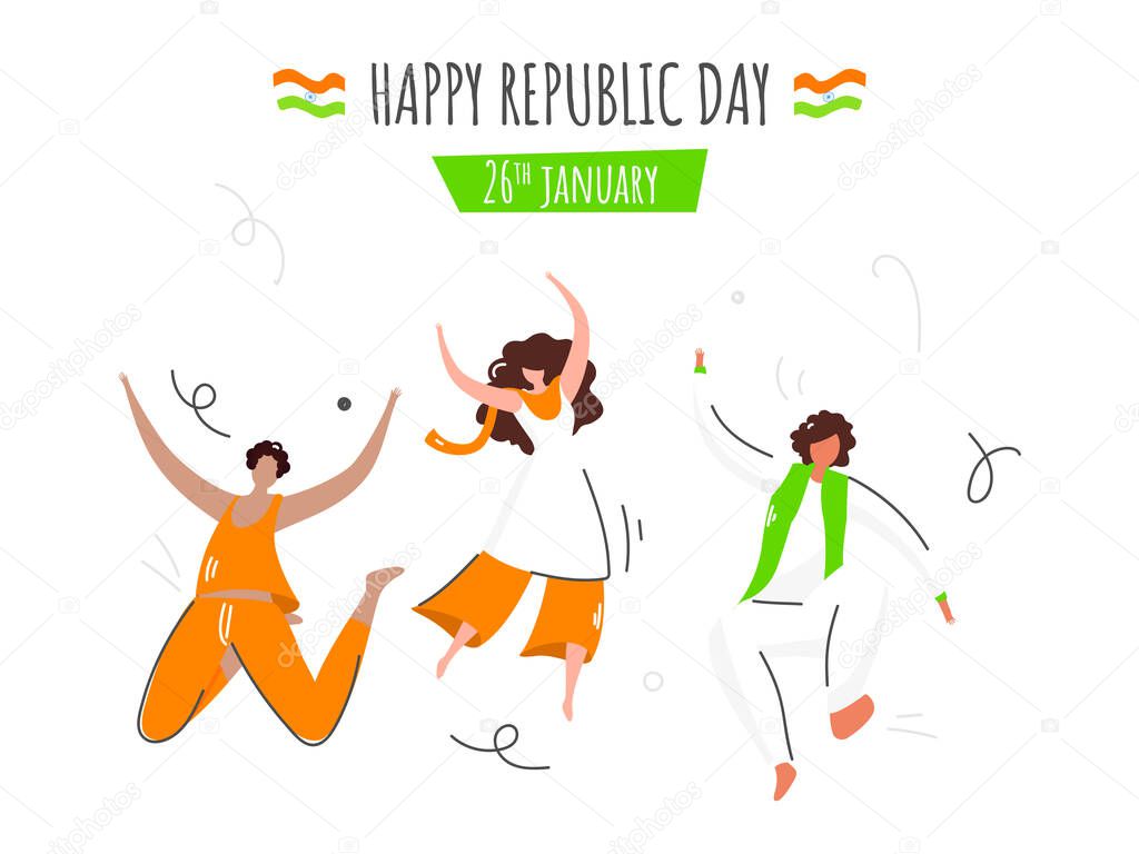 Cartoon Teenage People Jumping On White Background For 26th January, Happy Republic Day Celebration.
