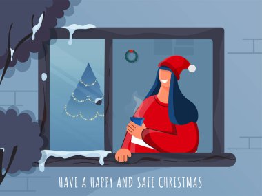 Happy & Safe Christmas Celebration Poster Design With Cheerful Woman Enjoying Drinks At Window For Avoid Coronavirus. clipart