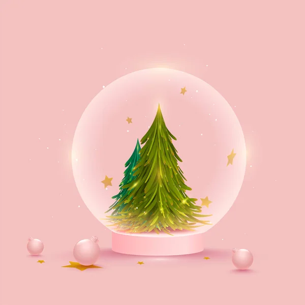 Arbre Noël Globe Intérieur Avec Des Bulles Sur Fond Rose — Image vectorielle