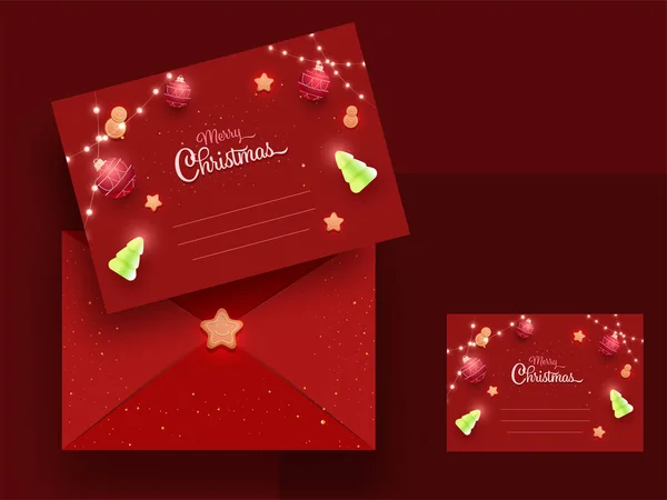 赤いグリーティングカードやメリークリスマスのためのエンベロープ付き水平招待テンプレート — ストックベクタ