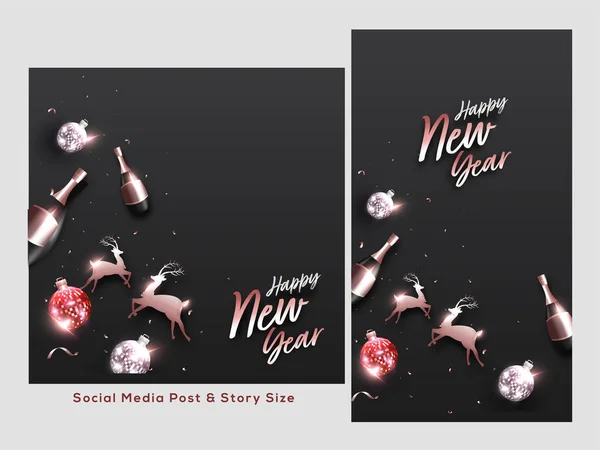 Feliz Año Nuevo Social Media Post Set Con Reno Bolas — Vector de stock