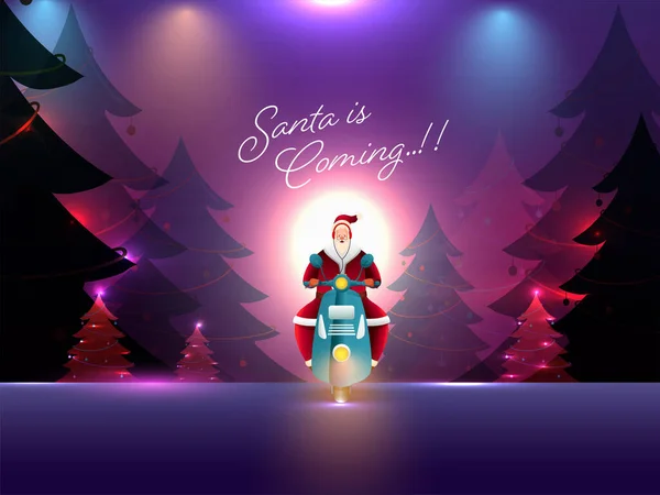 Abstrakte Lichter Fokus Hintergrund Mit Dekorativen Weihnachtsbäumen Weihnachtsmann Auf Scooter — Stockvektor