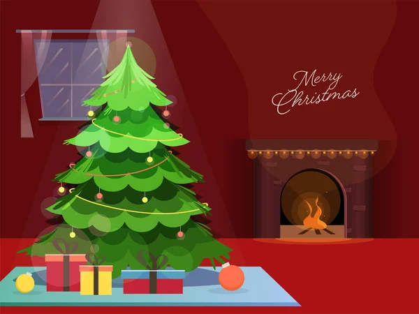 Árvore Natal Decorativa Com Caixas Presente Lugar Fogo Fundo Vermelho —  Vetores de Stock