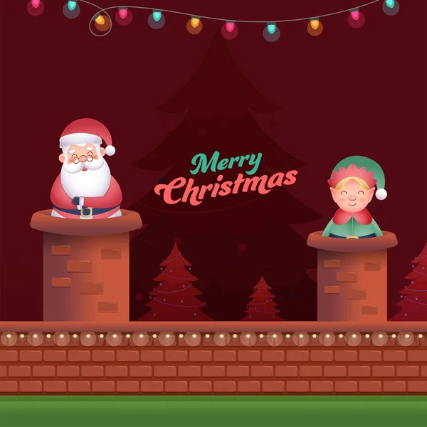 Ilustración Santa Claus Con Elfo Dibujos Animados Chimenea Árboles Navidad — Vector de stock