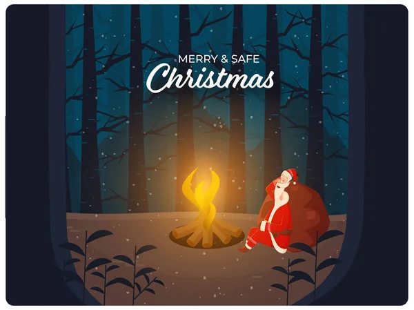 Cartoon Santa Claus Sleeping Heavy Sack Front Snowfall Forest Background — 스톡 벡터