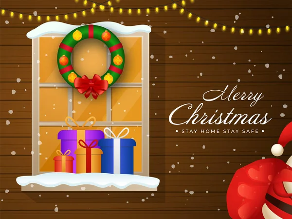 ライトガーランド 装飾の傷 メリークリスマスの機会にギフトボックスで茶色の木製の雪の背景は家にいます 安全滞在 — ストックベクタ