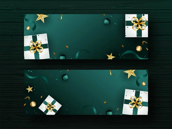 Top View Realistic Gift Boxes Golden Stars Balls Pearls Confetti — Διανυσματικό Αρχείο