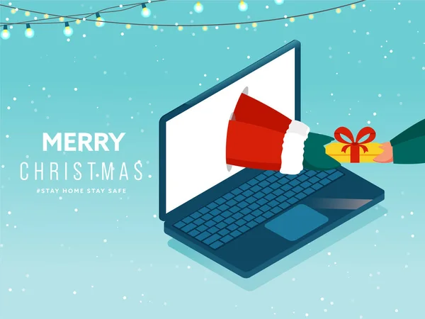 Presente Doação Papai Noel Line Para Pessoa Através Laptop Iluminação —  Vetores de Stock