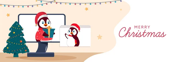 メリークリスマスの機会にデスクトップと装飾クリスマスツリーを介して彼らの友人にオンラインギフトを与える漫画ペンギン — ストックベクタ